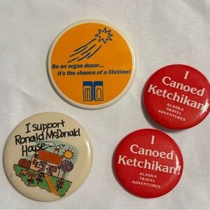 Vintage Travel & Charity Pinback Buttons Alaska Canoe Donation Lot